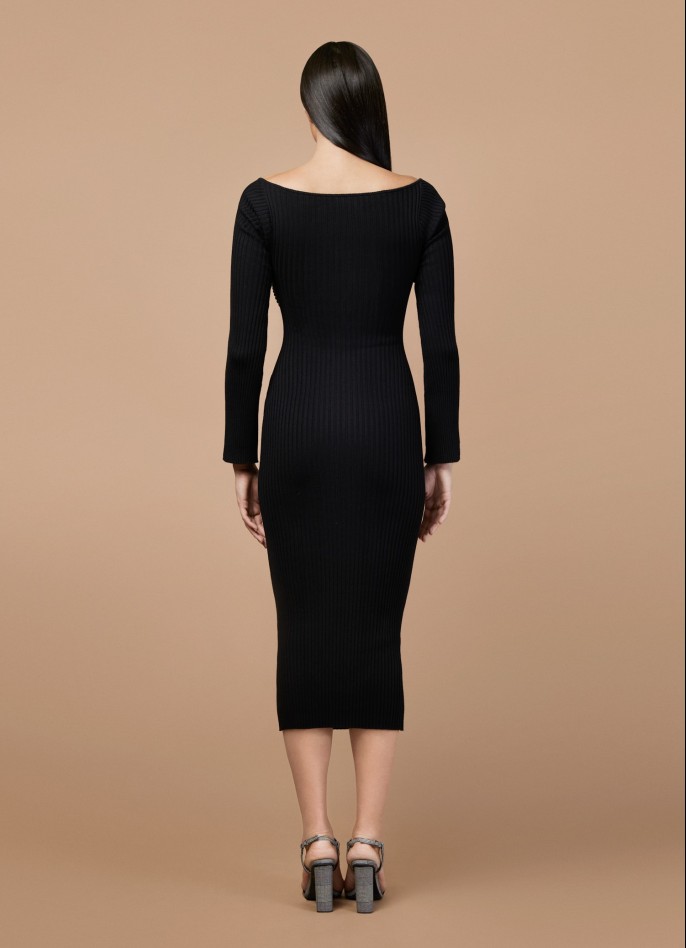 RIBBED-KNIT LONG SLEEVE TWIST MIDI DRESS - BLACK